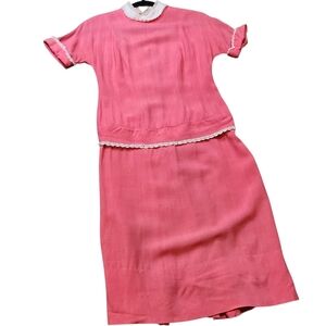 Elegant Very Vintage Hand Made 50s? 60s? Pink Dress With White Frill Features.